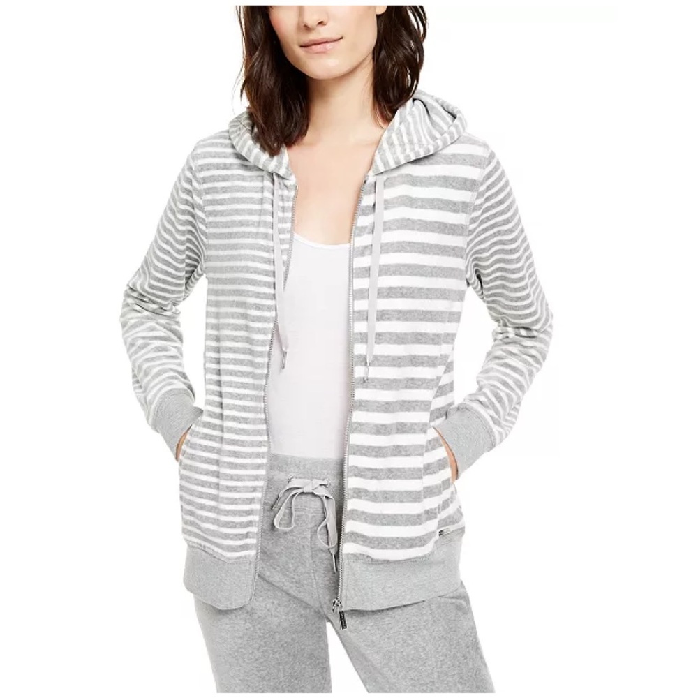 Calvin Klein Velour Mixed-Stripe Zip-Up Hoodie in Gray and White Size Medium NWT